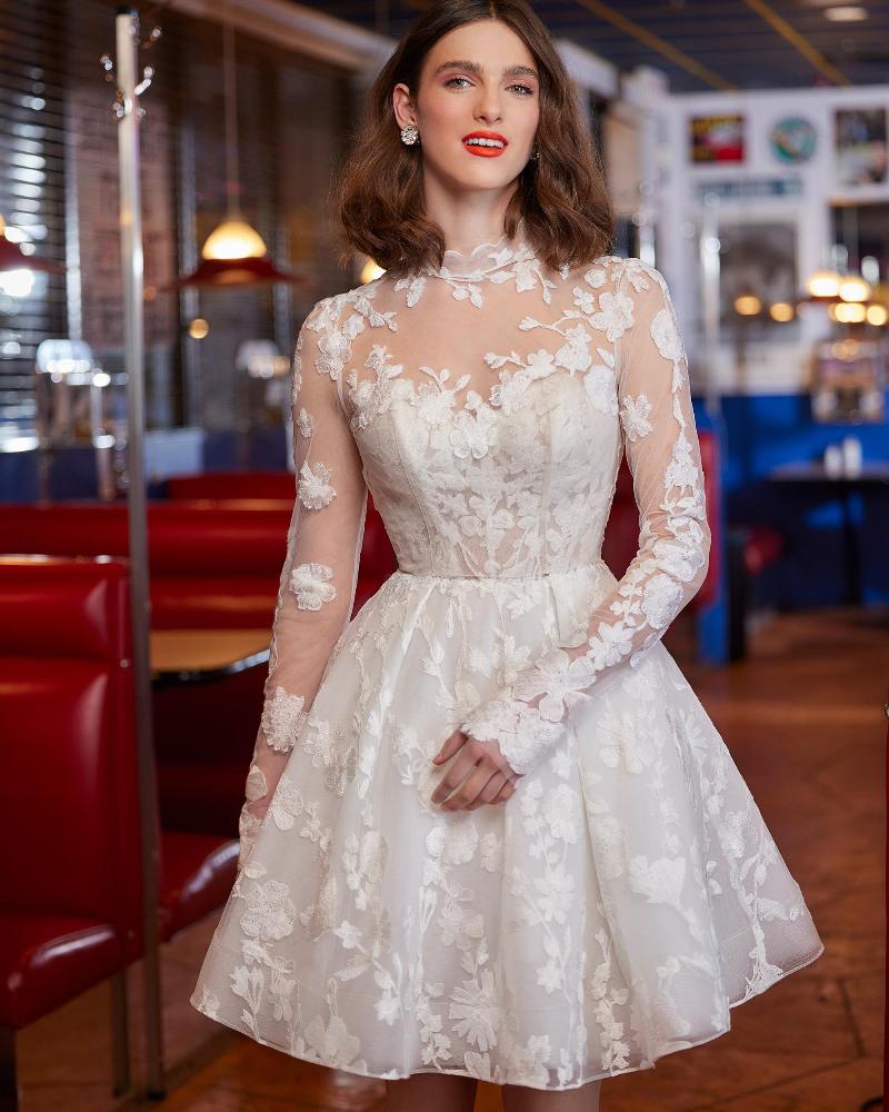 Aa2347 lace mini wedding dress with detachable long sleeve jacket2